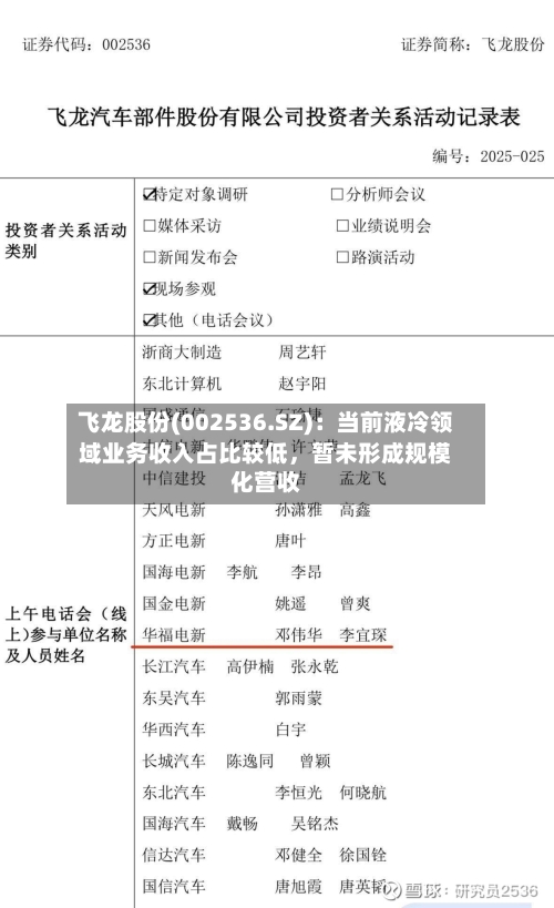飞龙股份(002536.SZ)：当前液冷领域业务收入占比较低，暂未形成规模化营收-第1张图片